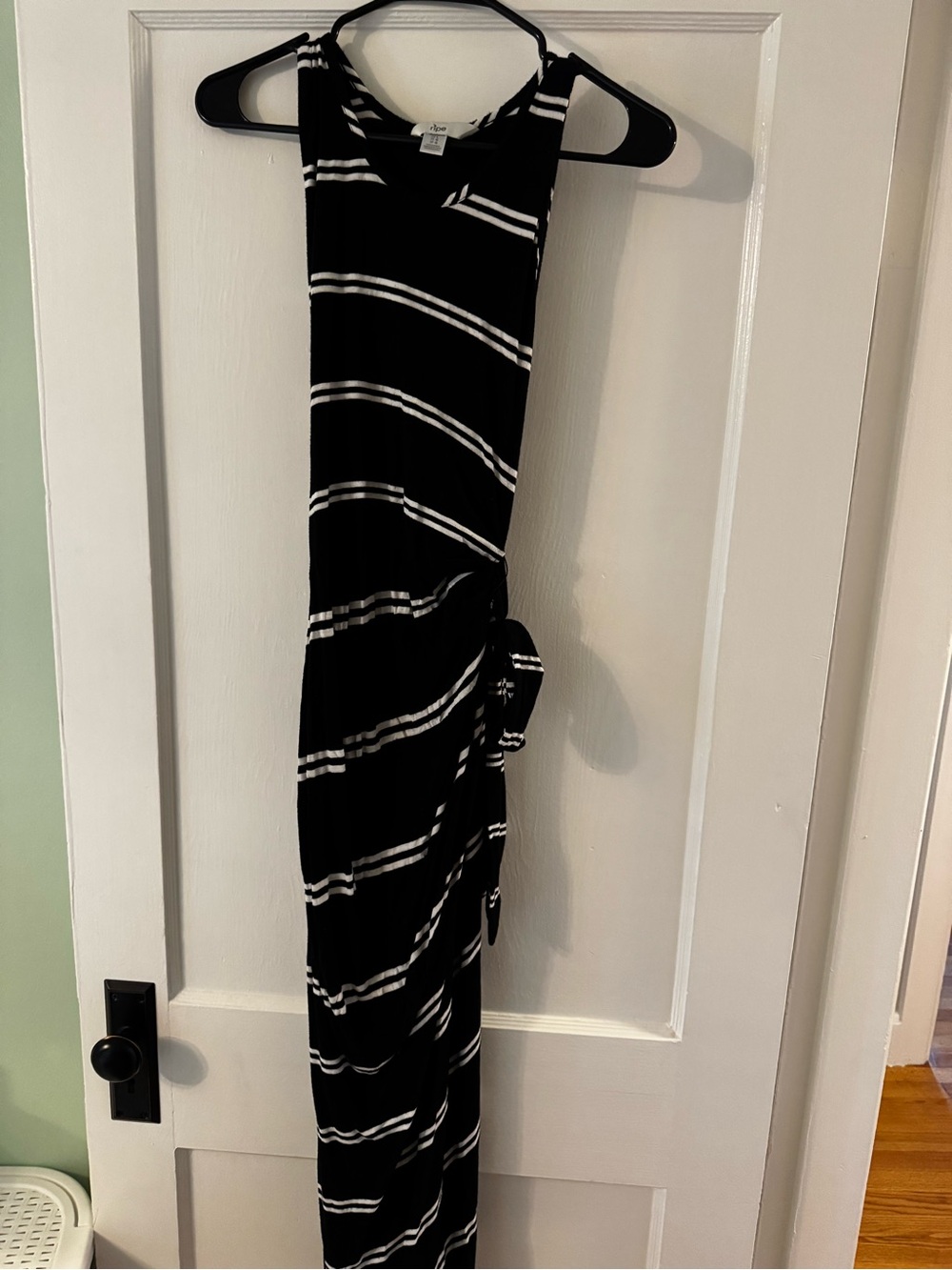 Maternity Sleeveless Black & White Striped Tie-Waist Maxi Dress